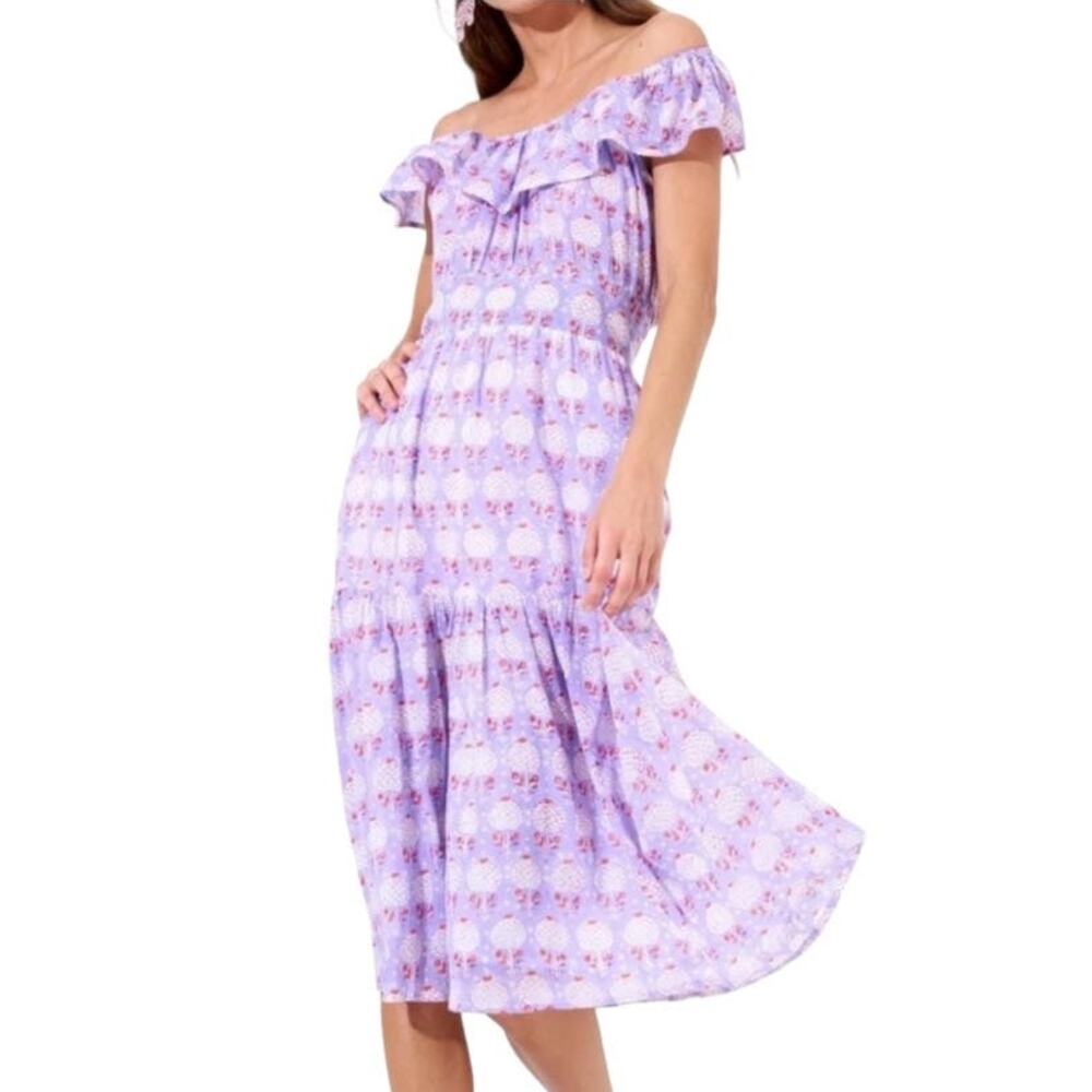 Oliphant Lilac Off-Shoulder Midi Dress with Floral Print